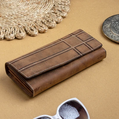 Leather wallet, 'Heritage Grid' - Geometric Leather Wallet Clutch with Stitched Grid Accents