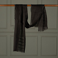 Linen shawl, 'Dreams in Black' - Lightweight Woven Black Linen Shawl with Frayed Fringes
