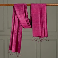 Silk shawl, 'Holiday Fuchsia' - Fuchsia-Toned Fringed 100% Silk Shawl Handwoven in India