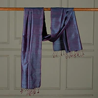 Silk shawl, 'Holiday Blue' - Handwoven Bluish-Purple Silk Shawl with Knotted Fringes