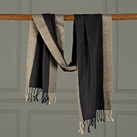 Silk scarf, 'Posh Evening' - Handwoven Beige and Black 100% Soft Silk Scarf with Fringes