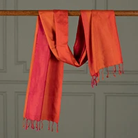 Silk scarf, 'Sunset Faces' - Warm-Toned Handwoven Striped Silk Scarf with Fringes