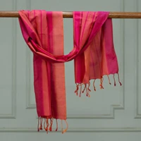 Silk scarf, 'Sunset Stripes' - Hand-Woven Striped Silk Scarf with Fringes in Orange and Red