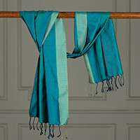 Silk scarf, 'Ocean Stripes' - Handwoven Striped Fringed Silk Scarf in Green and Blue Hues