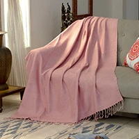 Silk throw blanket, 'Blush Elegance' - Handwoven Fringed Silk Throw Blanket in Light Mauve Pink Hue