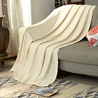 Silk throw blanket, 'Ivory Grace' - Hand-Loomed 100% Silk Ivory Throw Blanket with Fringes