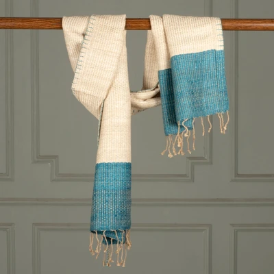 Silk scarf, 'Horizons in Teal' - Handwoven Beige and Teal Blue 100% Silk Scarf with Fringes