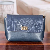 Leather sling bag, 'Chic & Midnight Blue' - Midnight Blue 100% Leather Sling Bag with Adjustable Strap