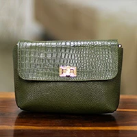 Leather sling bag, 'Chic & Olive Green' - Artisan-Made Adjustable Olive Green 100% Leather Sling Bag
