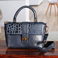 Leather sling bag, 'Fashionable Blue' - Leather Sling and Handle Bag with Crocodile-Style Patterns