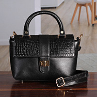 Leather sling bag, 'Fashionable Black' - Embossed Adjustable Leather Sling and Handle Bag in Black