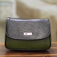 Leather sling bag, 'Timeless Nature' - Green and Black 100% Leather Sling Bag with Adjustable Strap
