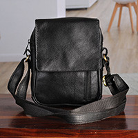 Leather messenger bag, 'Minimalist Black' - Adjustable Leather Messenger Sling Crossbody Bag from India