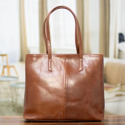 Leather shoulder bag, 'Redwood Route' - Artisan-made 100% Leather Shoulder Bag in Redwood Brown Hues