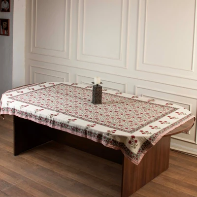 Cotton tablecloth, 'Blooming in Crimson' - Handblock-Printed Floral Cotton Tablecloth in Red and Ivory