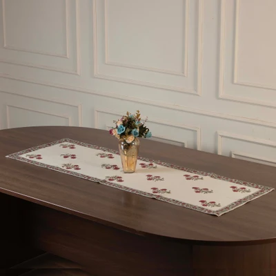 Cotton table runner, 'Blooming in Crimson' - Artisan-Made Spring-Patterned Ivory 100% Cotton Table Runner