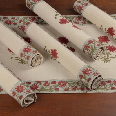 Cotton placemats, 'Blooming in Crimson' (set of 6) - Spring-Themed 6-Piece Ivory and Red 100% Cotton Placemat Set