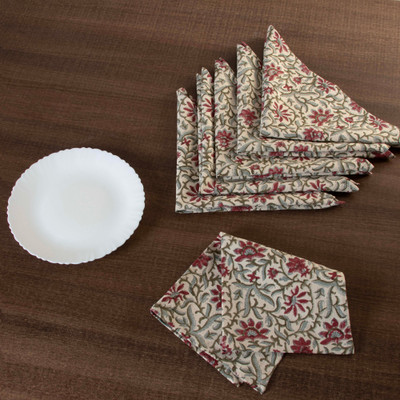 Cotton napkins, 'Blooming in Crimson' (set of 6) - Set of 6 Floral-Patterned Red and Green 100% Cotton Napkins