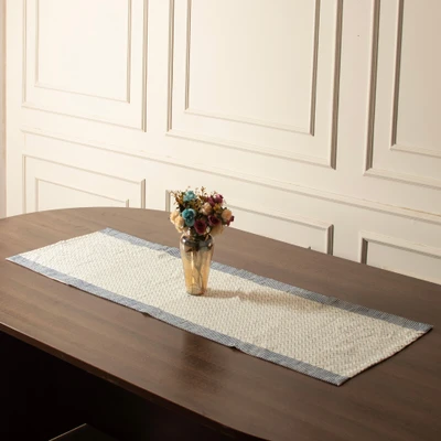 Cotton table runner, 'Azure Rhythm' - Geometric Cotton Table Runner in Ivory Blue and Loden Green
