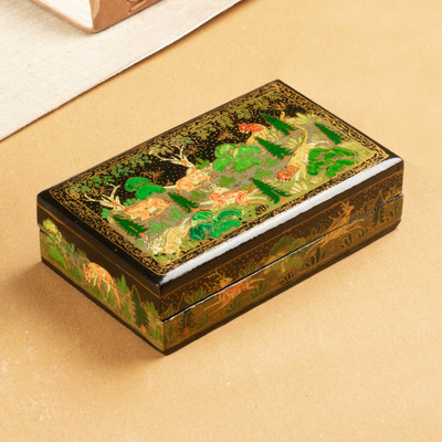 Wood and papier mache decorative box, 'Landscape in Onyx' - Painted Wood Papier Mache Decorative Box with Jungle Motif
