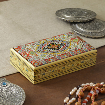 Papier mache decorative box, 'Regal Medallion' - Hand-Painted Floral-Patterned Papier Mache Decorative Box
