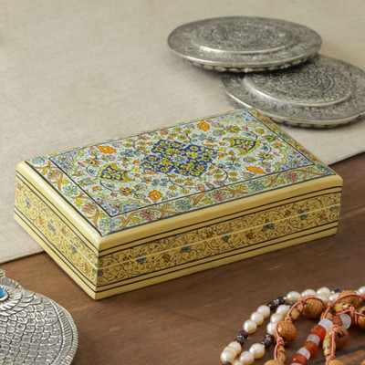 Papier mache decorative box, 'Petals in Sapphire' - Hand-Painted Spring-Inspired Papier Mache Decorative Box
