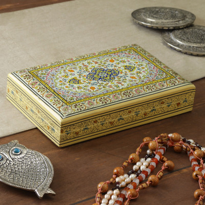Papier mache decorative box, 'Petals in Sapphire' (large) - Artisan-Made Floral-Patterned Large-Sized Papier Mache Box