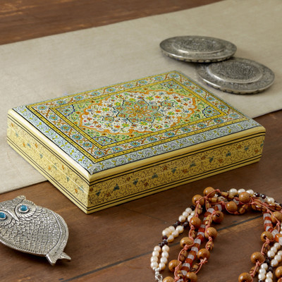 Papier mache decorative box, 'Pastel Nature' (large) - Large-Sized Floral-Patterned Papier Mache Decorative Box