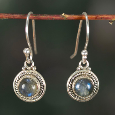 Labradorite dangle earrings, 'Mystic Moon' - Folk Art Moon-Inspired Natural Labradorite Dangle Earrings