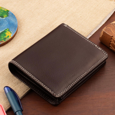Leather wallet, 'Bi-Chocolate' - Minimalist Bi-Fold Chocolate Wallet Made of 100% Leather