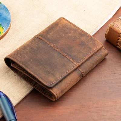 Leather wallet, 'Rustic Chocolate' - Rustic-Inspired Chocolate Brown 100% Leather Tri-Fold Wallet