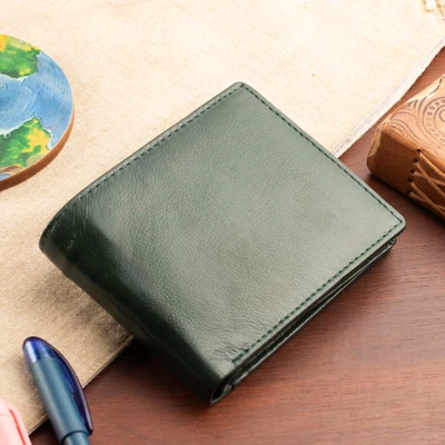 Leather wallet, 'Hunter Fortune' - Hunter Green 100% Leather Bi-Fold Wallet Handmade in India
