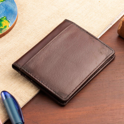 Leather card holder, 'Chocolate Slots' - Minimalist 100% Leather Card Holder in a Chocolate Brown Hue