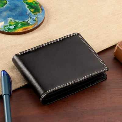 Leather wallet, 'Everyday in Onyx' - Handmade Onyx Black 100% Leather Bi-Fold Wallet from India
