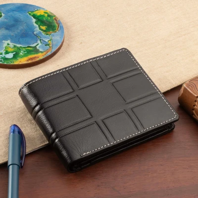 Leather wallet, 'Onyx Grid' - Modern Grid-Patterned Leather Bi-Fold Wallet in Onyx Black