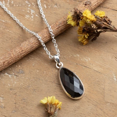 Smoky quartz pendant necklace, 'Glam at Dusk' - Six-Carat Faceted Pear-Cut Smoky Quartz Pendant Necklace