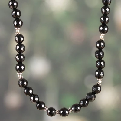 Onyx beaded necklace, 'Mystery Sparks' - Polished Sterling Silver and Black Onyx Beaded Necklace
