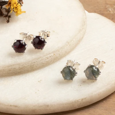 Gemstone stud earrings, 'Everlasting Glints' (set of 2) - High-Polished 2-Pair Garnet and Labradorite Stud Earring Set