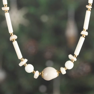 Resin beaded necklace, 'New Harmony' - Antiqued Brass and Ivory Resin Beaded Necklace from India