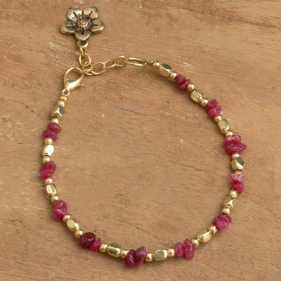 Quartz beaded charm bracelet, 'Bloom of Lovers' - Romantic Red Quartz Beaded Bracelet with Bloom-Shaped Charm