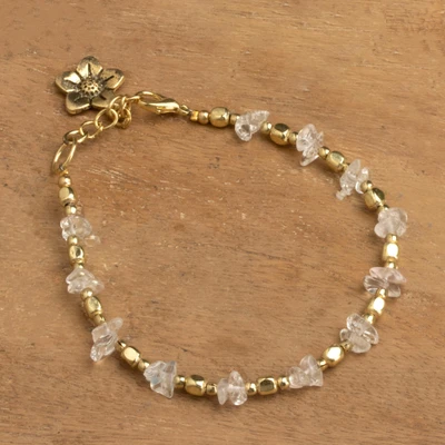 Quartz beaded charm bracelet, 'Bloom of Angels' - Crystal-Clear Quartz Beaded Bracelet with Bloom-Shaped Charm