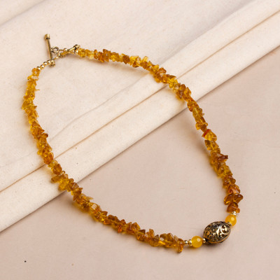 Quartz beaded pendant necklace, 'Sunlit Fortune' - Bollywood-Inspired Yellow Quartz Beaded Pendant Necklace