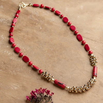 Resin beaded necklace, 'Scarlet Dame' - Bollywood-Inspired Red Resin and Antiqued Brass Necklace