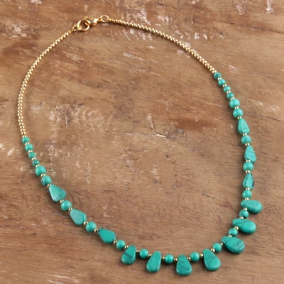 Resin beaded necklace, 'Seafoam Melody' - Bohemian-Inspired Turquoise Resin and Golden Brass Necklace