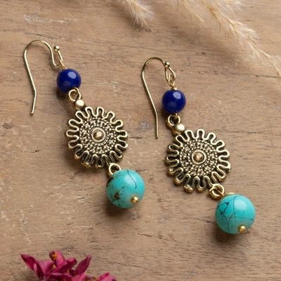 Brass and resin dangle earrings, 'Heavenly Blooms' - Spring-Themed Antiqued Brass and Blue Resin Dangle Earrings