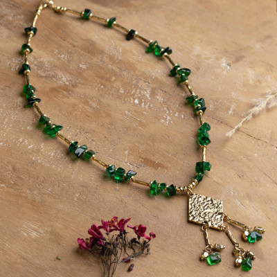 Quartz pendant necklace, 'Harmonious Jewels' - Classic Green Quartz and Antiqued Brass Pendant Necklace