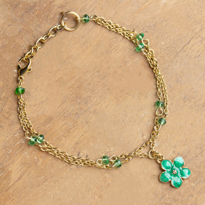 Quartz charm bracelet, 'Spring Harmony' - Quartz and Brass Bracelet with Floral Charm in Green Hues