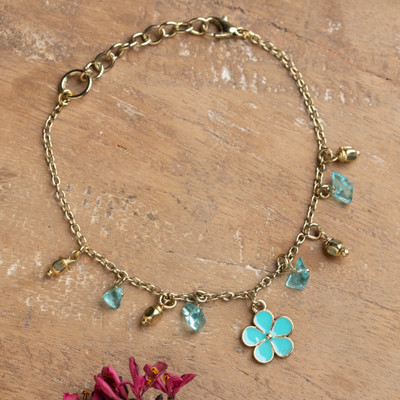 Quartz charm bracelet, 'Aqua Petals' - Turquoise Palette Floral Quartz and Brass Charm Bracelet