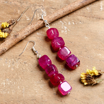 Quartz beaded dangle earrings, 'Ruby Radiance' - Geometric Dangle Earrings with Ruby-Hued Quartz Cubes