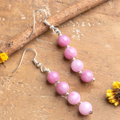 Onyx beaded dangle earrings, 'Pink Glory' - Beaded Dangle Earrings with Round Spherical Pink Onyx Stones